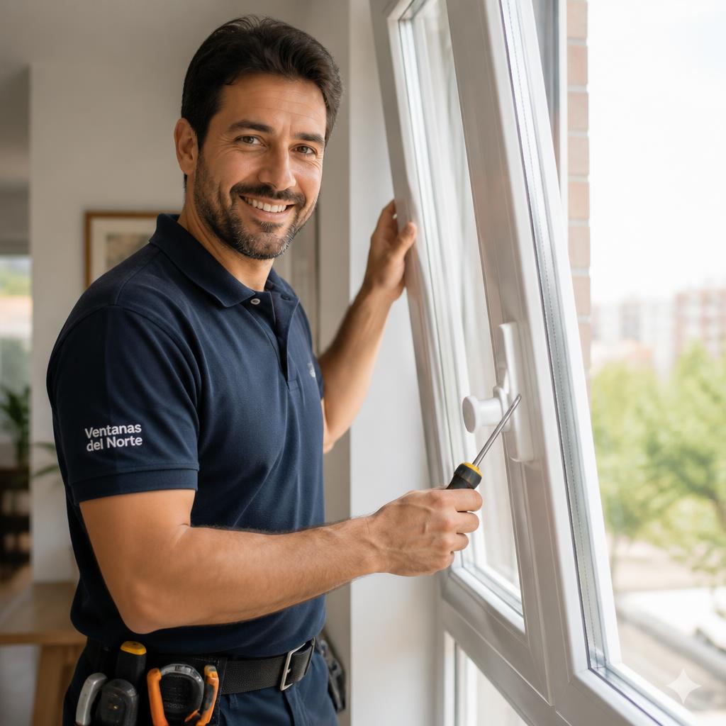 Técnico profesional junto a una ventana oscilobatiente instalada